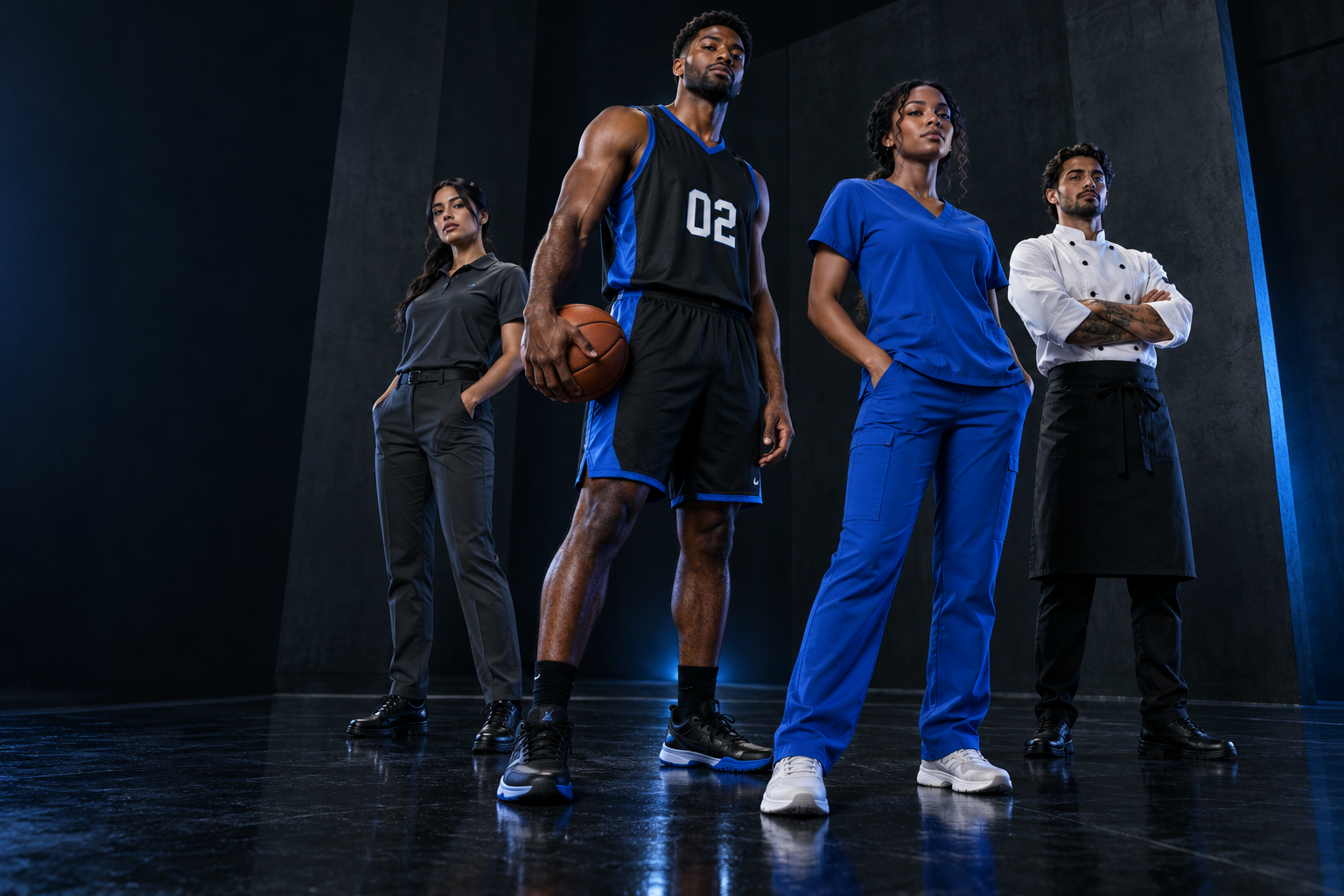 T2G concept campaign featuring custom sports, medical, hospitality and work uniforms